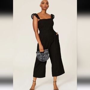 J. Crew Black Eyelet Ruffle Cropped Wide Leg Jumpsuit, Size 6P
